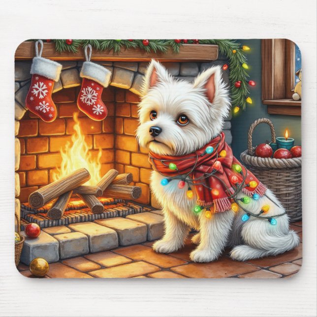 Bichon Frise Fireplace with Christmas Lights Mouse Mat (Front)