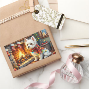 Bichon Frise Fireplace with Christmas Lights Rectangular Sticker