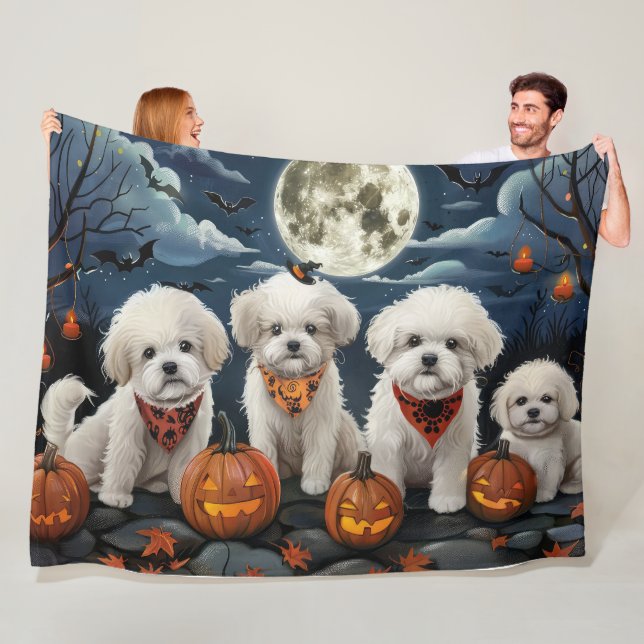 Bichon Frise Halloween Spooky Fleece Blanket (In Situ)