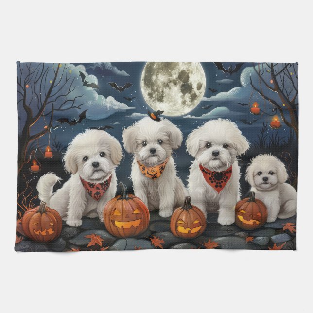Bichon Frise Halloween Spooky Tea Towel (Horizontal)