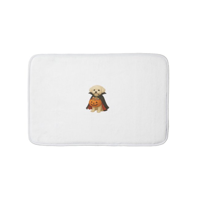 Bichon Frisé Halloween Vampire Pup with Pumpkin Ba Bath Mat (Front)