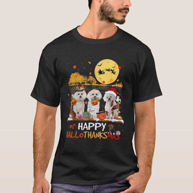 Bichon Frise Happy Hallothanksmas Halloween Thanks T-Shirt (Front)