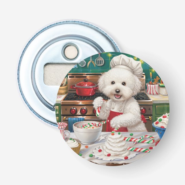 Bichon Frise Holiday Baking: Festive Christmas Bottle Opener (Front)