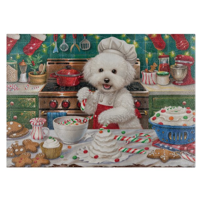 Bichon Frise Holiday Baking: Festive Christmas Cutting Board (Front)