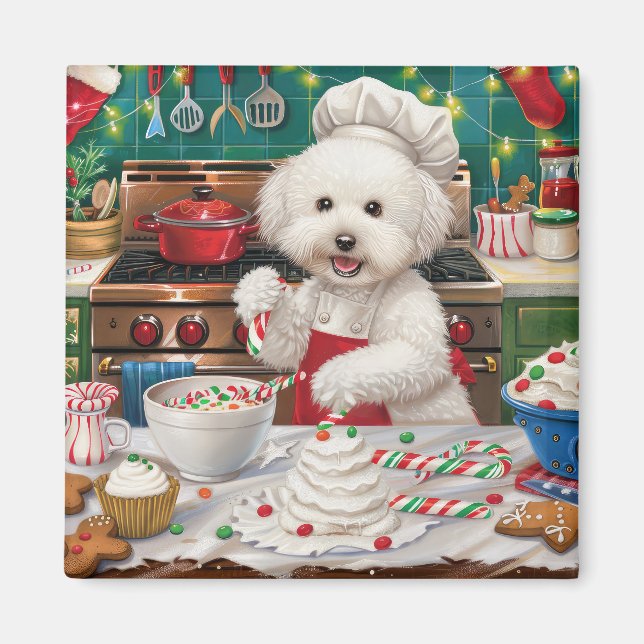 Bichon Frise Holiday Baking: Festive Christmas Magnet (Front)