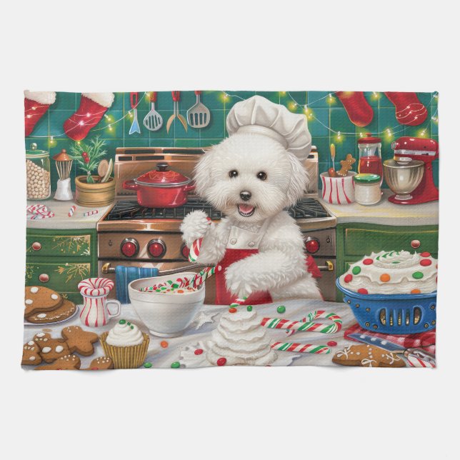 Bichon Frise Holiday Baking: Festive Christmas Tea Towel (Horizontal)