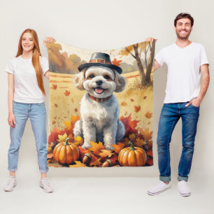 Bichon Frise In Autumn Leaves Thanksgiving Art Fleece Blanket