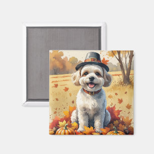 Bichon Frise In Autumn Leaves Thanksgiving Art Magnet