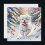 Bichon Frise in Snow Cute Dog Winter Christmas Holiday Card<br><div class="desc">A Christmas card with picture of a Bichon Frise dog, running along a snowy path on a sunny day, in a watercolor style. The greeting 'Merry Christmas' is at the top in elegant script typography, while the back of the card is a plain winter white. Ideal for dog lovers, the...</div>
