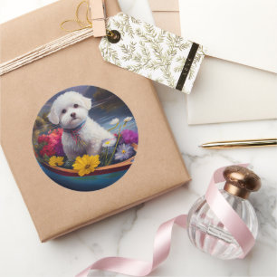 Bichon Frise on a Paddle: A Scenic Adventure Classic Round Sticker