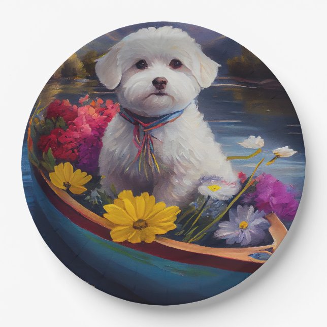 Bichon Frise on a Paddle: A Scenic Adventure Paper Plate (Front)