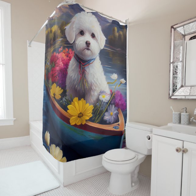 Bichon Frise on a Paddle: A Scenic Adventure Shower Curtain (In Situ)