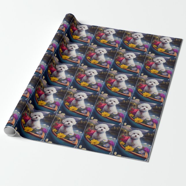 Bichon Frise on a Paddle: A Scenic Adventure Wrapping Paper (Unrolled)
