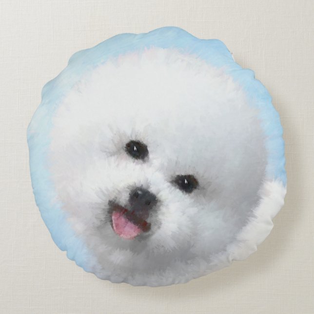 Bichon Frise Painting - Cute Original Dog Art Round Cushion (Back)