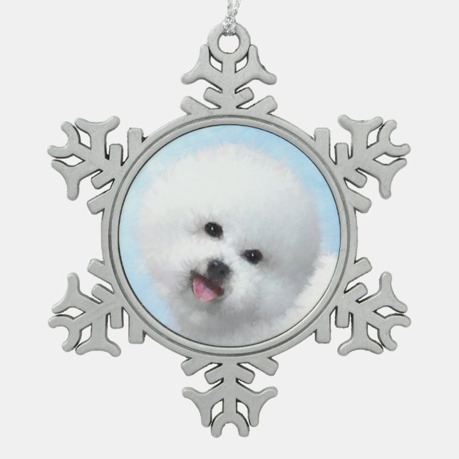 Bichon Frise Painting - Cute Original Dog Art Snowflake Pewter Christmas Ornament (Front)