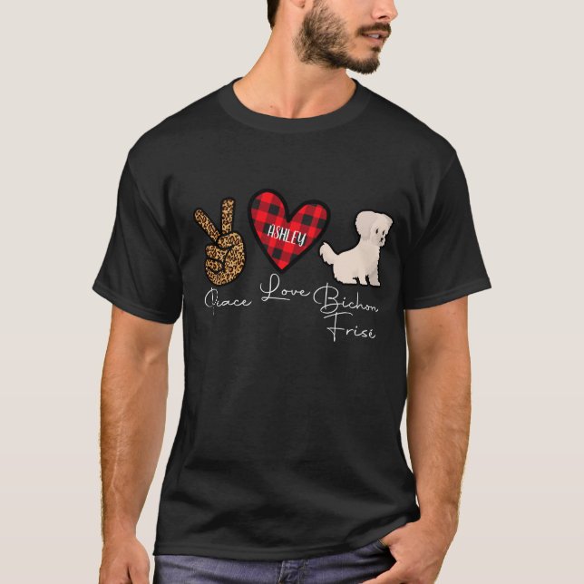 Bichon Frisé Plaid Peace Love Cute Dog T-Shirt (Front)