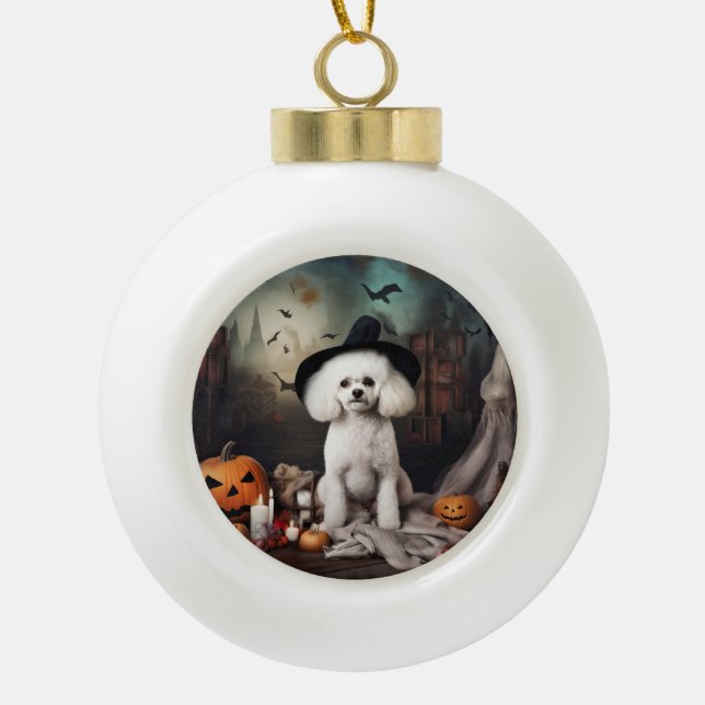 Bichon Frise Pumpkins Halloween Scary Ceramic Ball Christmas Ornament (Front)