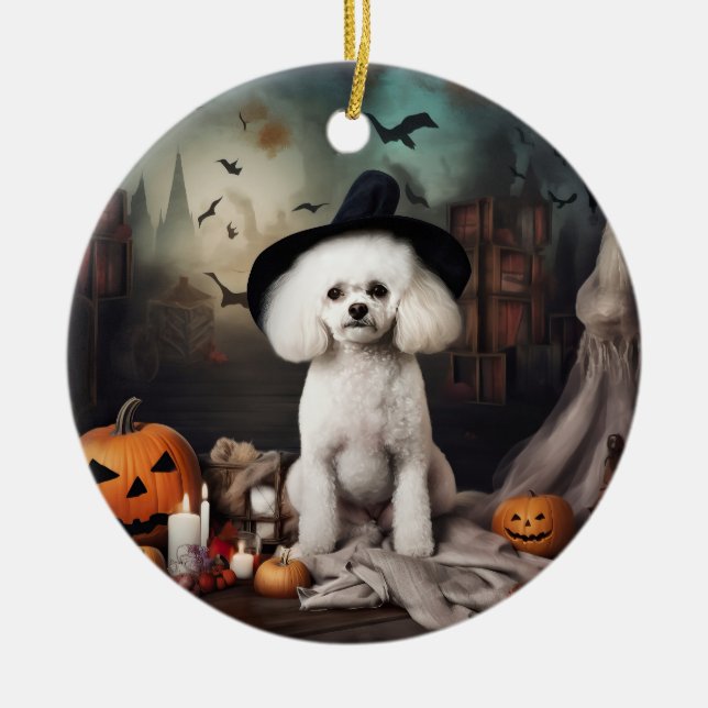 Bichon Frise Pumpkins Halloween Scary Ceramic Tree Decoration (Front)