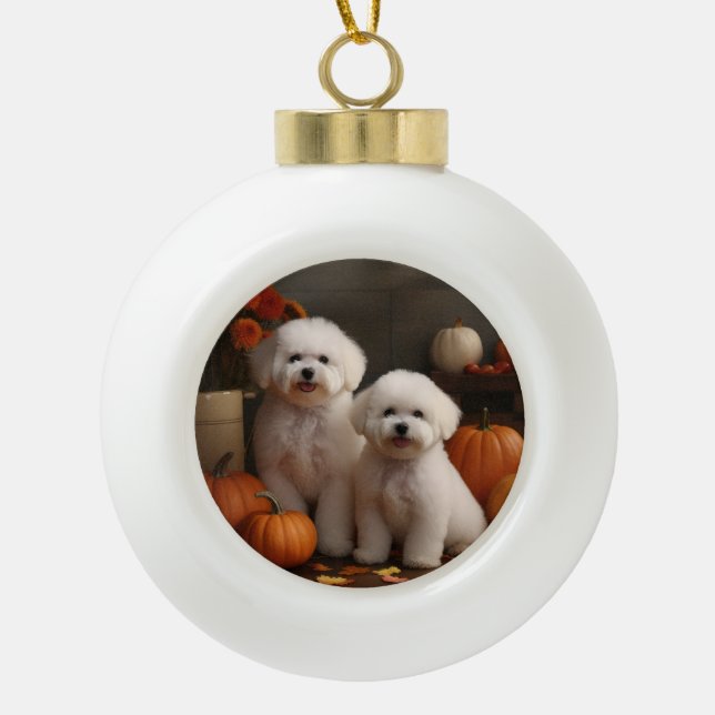 Bichon Frise Puppy Autumn Delight Pumpkin  Ceramic Ball Christmas Ornament (Front)
