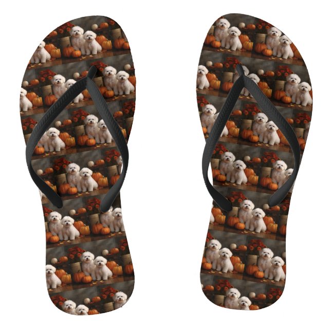 Bichon Frise Puppy Autumn Delight Pumpkin  Flip Flops (Footbed)