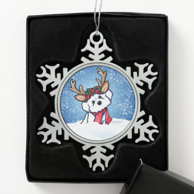 Bichon Frise Reindeer Christmas Snowflake Pewter Christmas Ornament (Box)