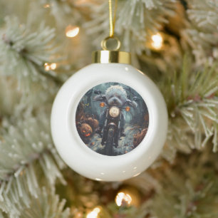 Bichon Frise Riding Motorcycle Halloween Scary Ceramic Ball Christmas Ornament
