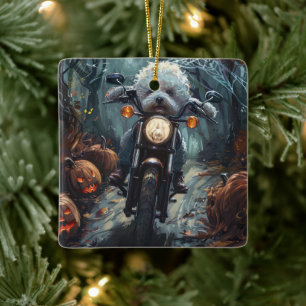 Bichon Frise Riding Motorcycle Halloween Scary Ceramic Ornament