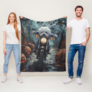 Bichon Frise Riding Motorcycle Halloween Scary Fleece Blanket