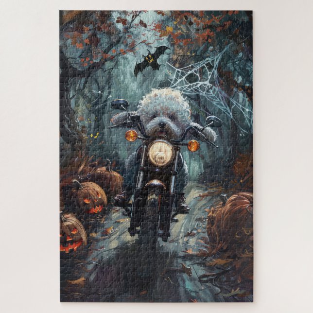 Bichon Frise Riding Motorcycle Halloween Scary Jigsaw Puzzle (Vertical)