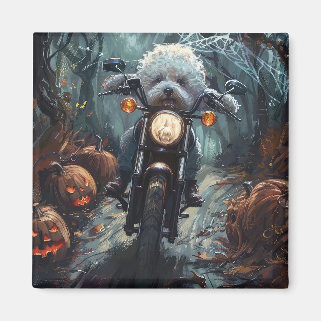 Bichon Frise Riding Motorcycle Halloween Scary Magnet (Front)