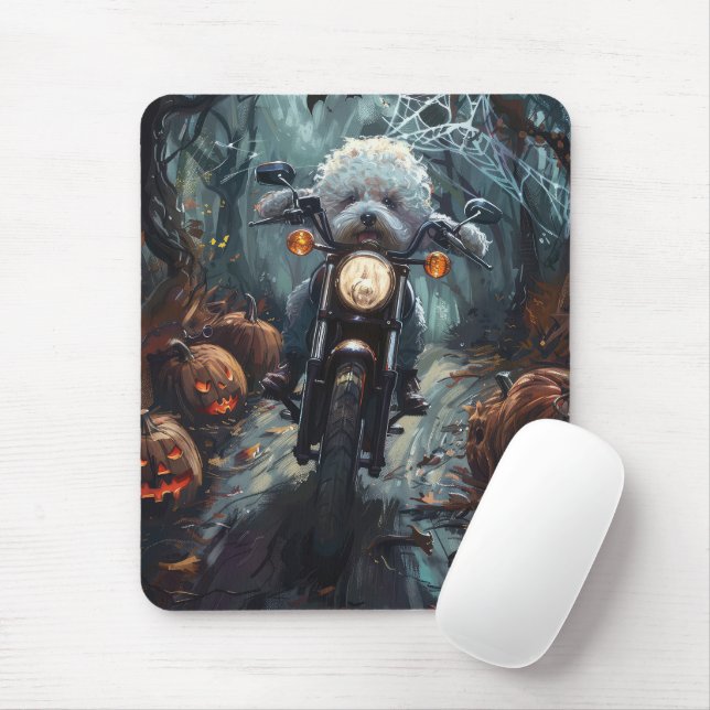 Bichon Frise Riding Motorcycle Halloween Scary Mouse Mat (With Mouse)