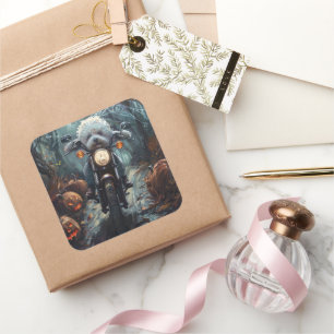 Bichon Frise Riding Motorcycle Halloween Scary Square Sticker