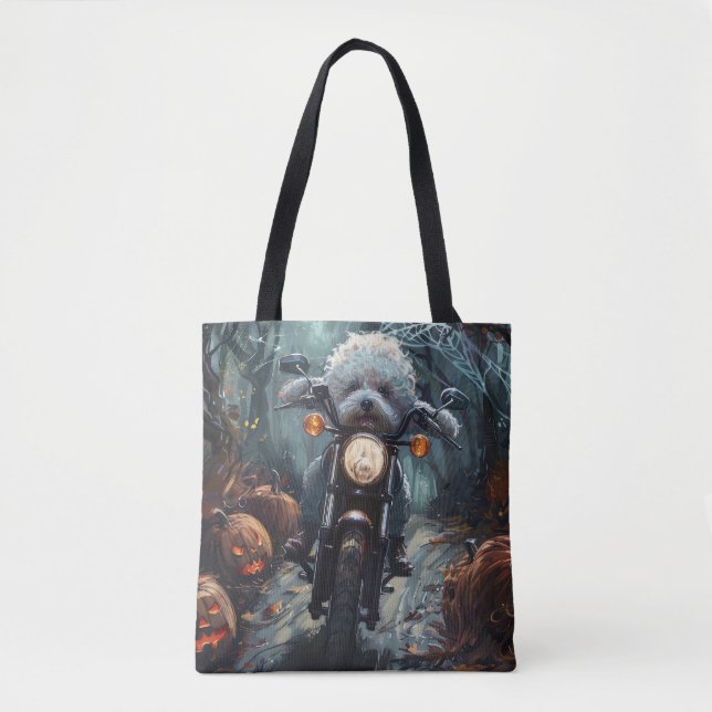 Bichon Frise Riding Motorcycle Halloween Scary Tote Bag (Front)