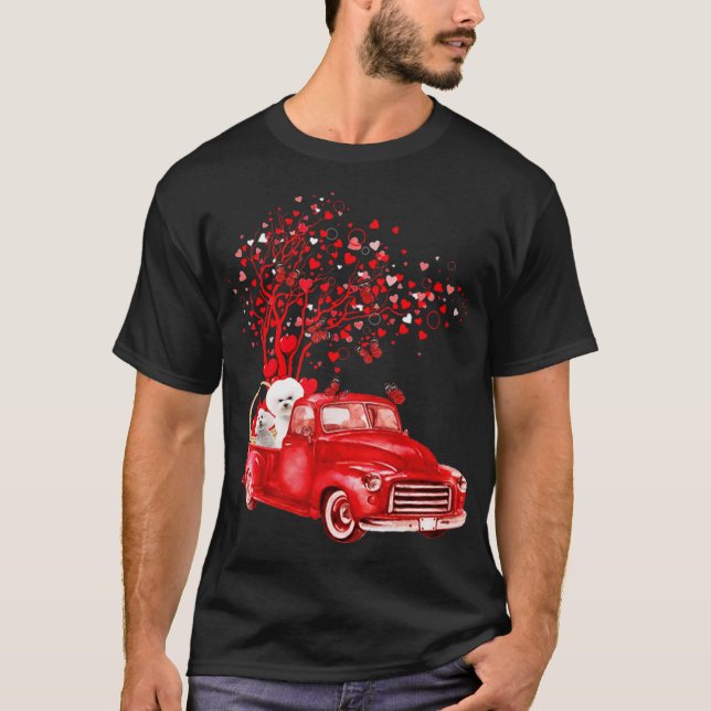 Bichon Frise Riding Red Truck Valentine Butterfly  T-Shirt (Front)