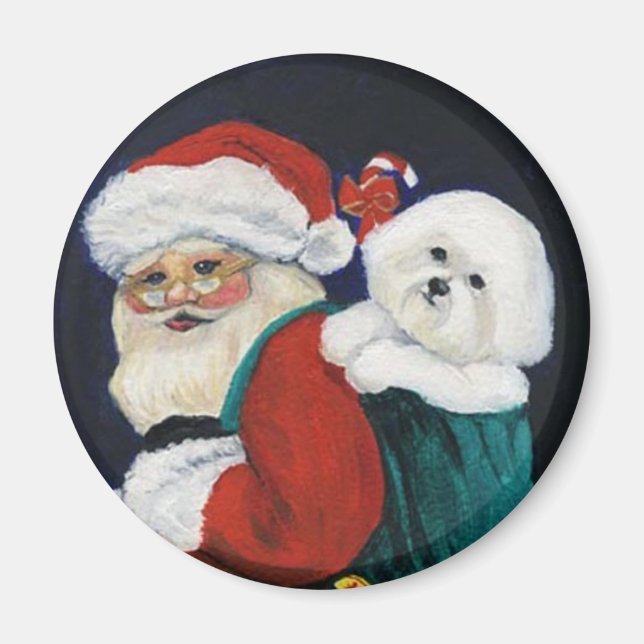 "Bichon Frise & Santa" Dog Art Magnet (Front)
