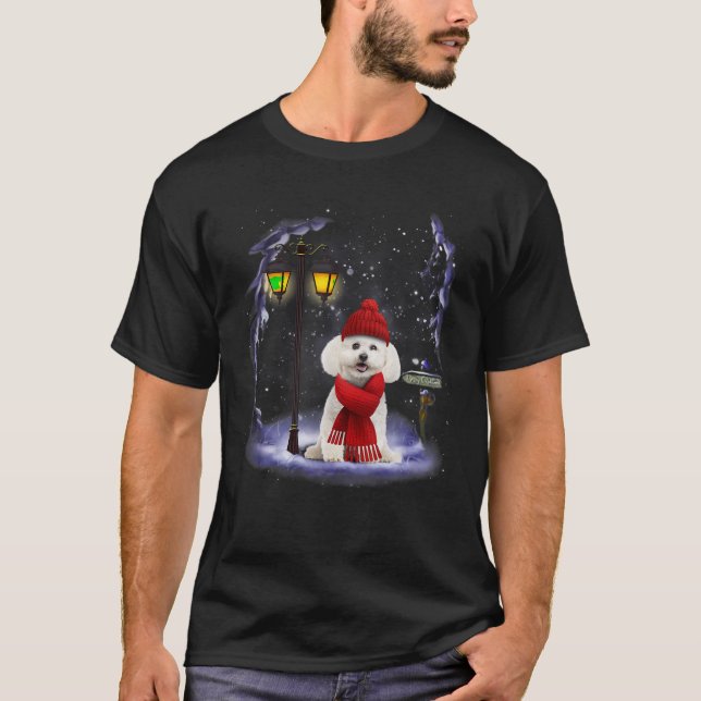 Bichon Frise Santa Snow Christmas Light Winter Paj T-Shirt (Front)