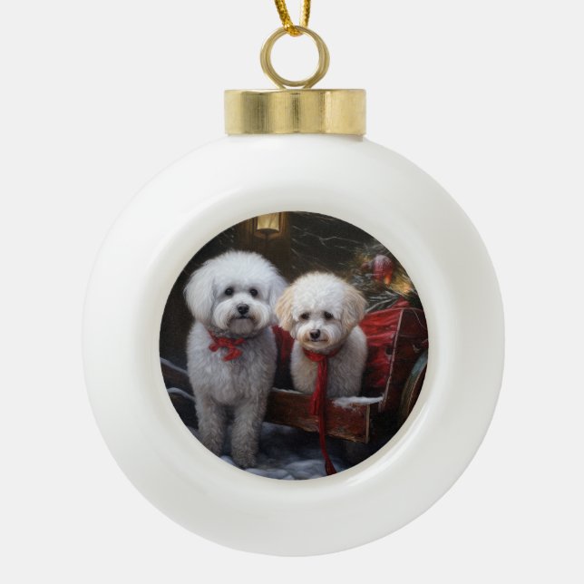 Bichon Frise Snowy Sleigh Christmas Decor Ceramic Ball Christmas Ornament (Front)