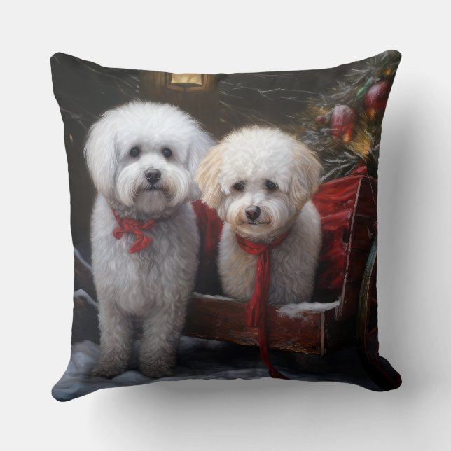Bichon Frise Snowy Sleigh Christmas Decor Cushion (Back)