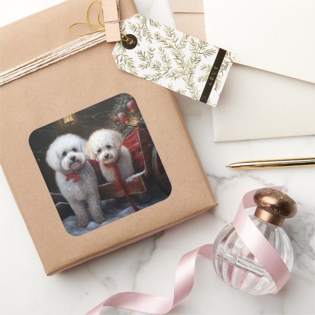 Bichon Frise Snowy Sleigh Christmas Decor Square Sticker (Gifting)