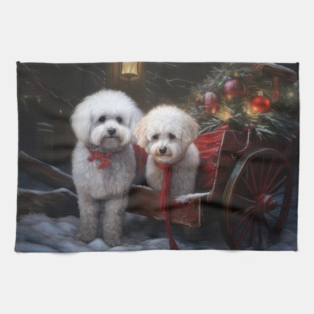 Bichon Frise Snowy Sleigh Christmas Decor Tea Towel (Horizontal)