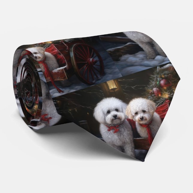 Bichon Frise Snowy Sleigh Christmas Decor Tie (Rolled)