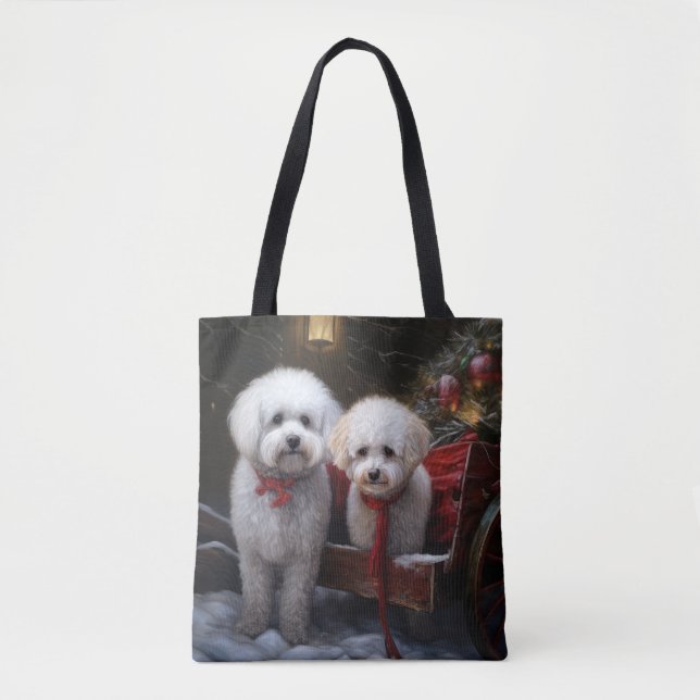 Bichon Frise Snowy Sleigh Christmas Decor Tote Bag (Front)