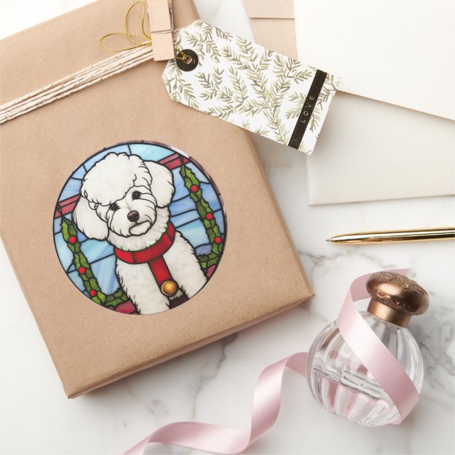 Bichon Frise Stained Glass Christmas  Classic Round Sticker (Gifting)