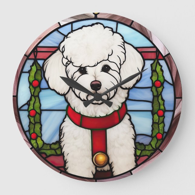 Bichon Frise Stained Glass Christmas  Large Clock (Front)