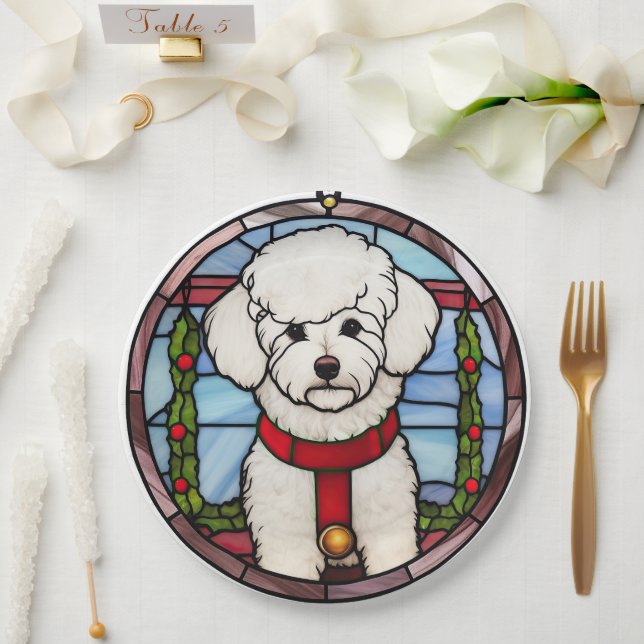 Bichon Frise Stained Glass Christmas  Paper Plate (Wedding)