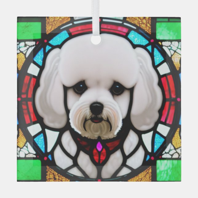 Bichon Frise "Stained Glass"  Glass Tree Decoration (Front)