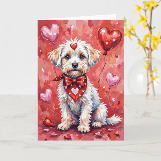 Bichon Frise Valentine’s Day Dog with Hearts Red Card (Yellow Flower)