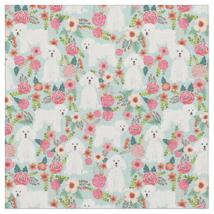 Bichon Frise vintage florals light blue Fabric