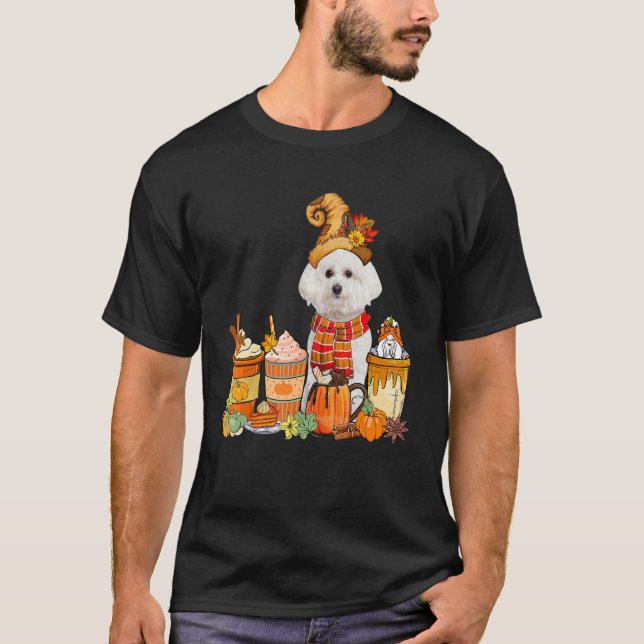 Bichon Frise Wearing Hat With Coffee Cups Fall Pum T-Shirt (Front)