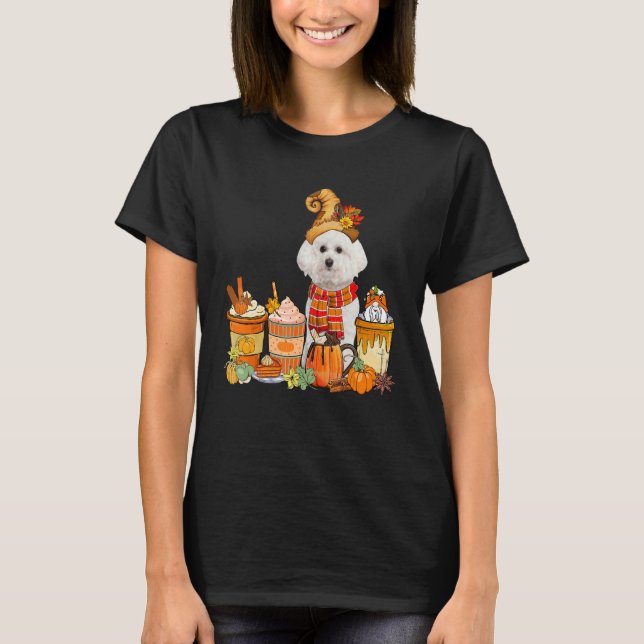 Bichon Frise Wearing Hat With Coffee Cups Fall Pum T-Shirt (Front)
